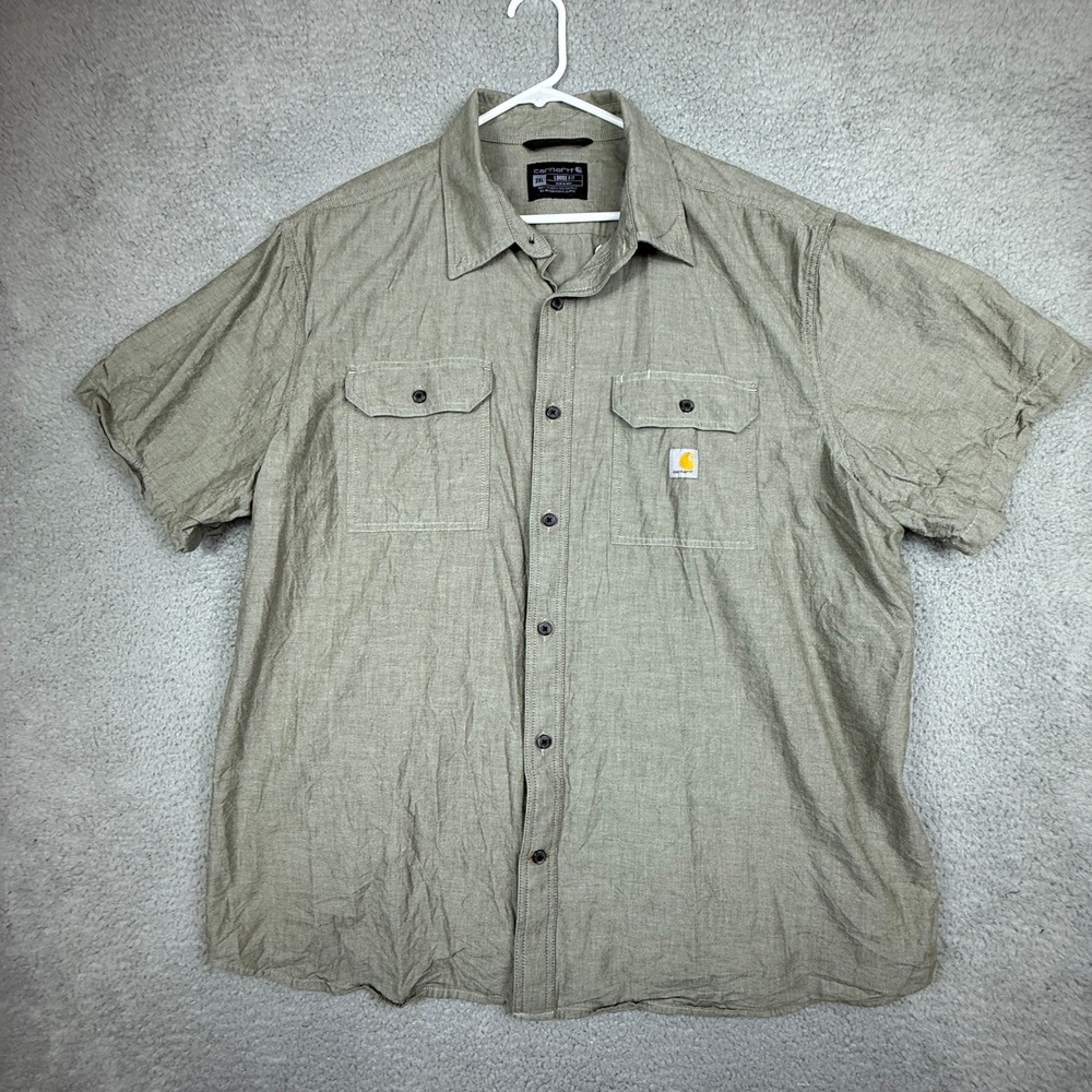 Carhartt Mens Button Down Shirt 2XL Loose Fit Short Sleeve Work‎ Utility Beige